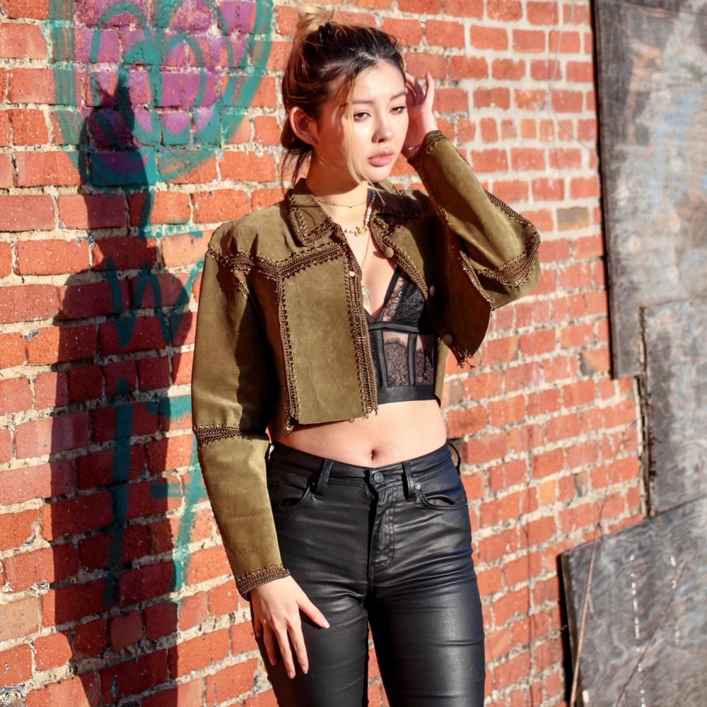 Vintage Olive Green Cropped Suede Leather Jacket - Picture 4 of 8